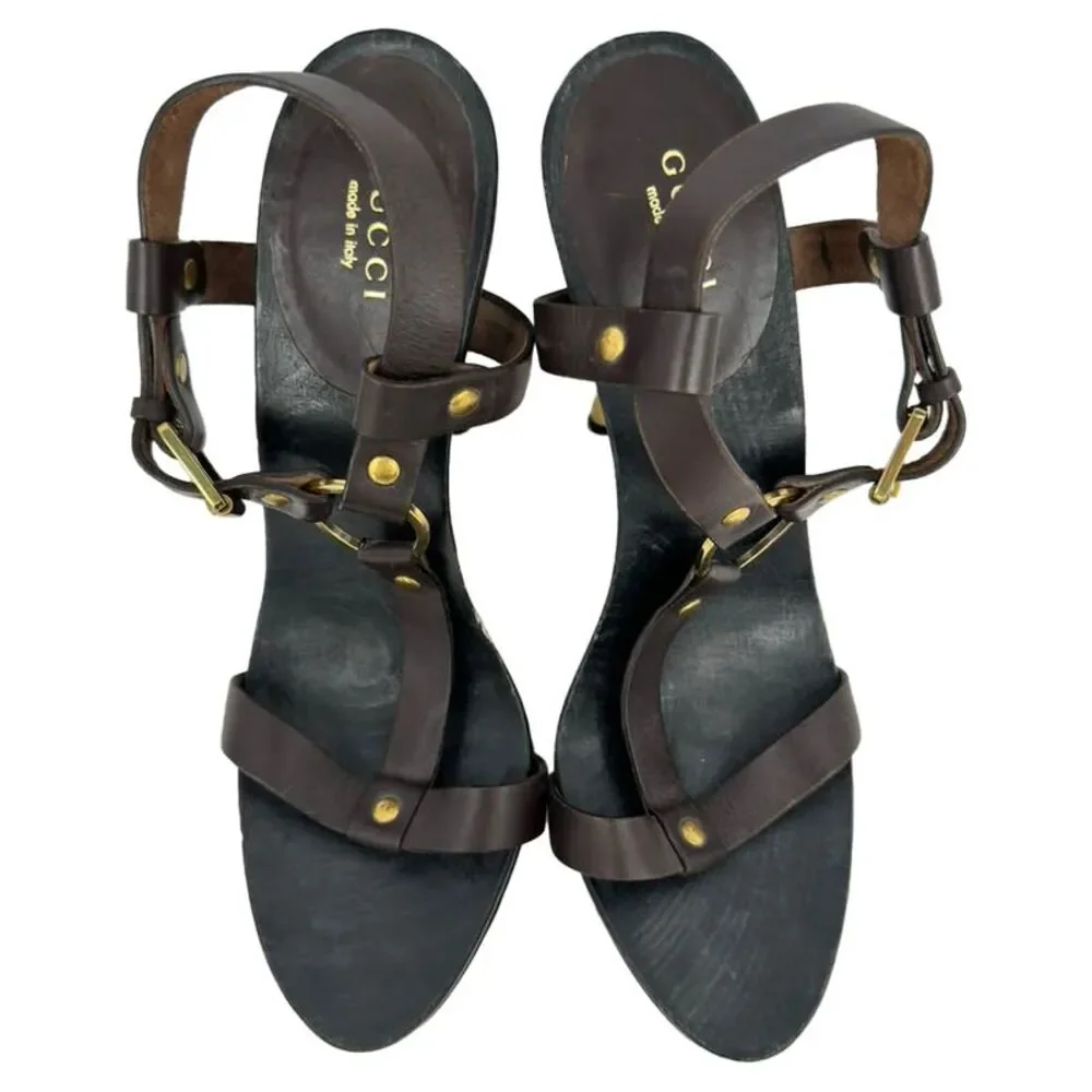 Gucci Kylie T-Strap Sandal Heels in Brown Leather